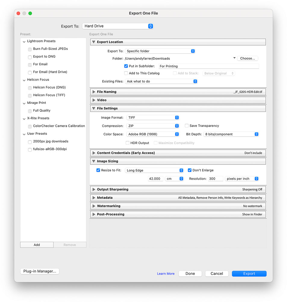 Adobe Lightroom Export Dialogue Box