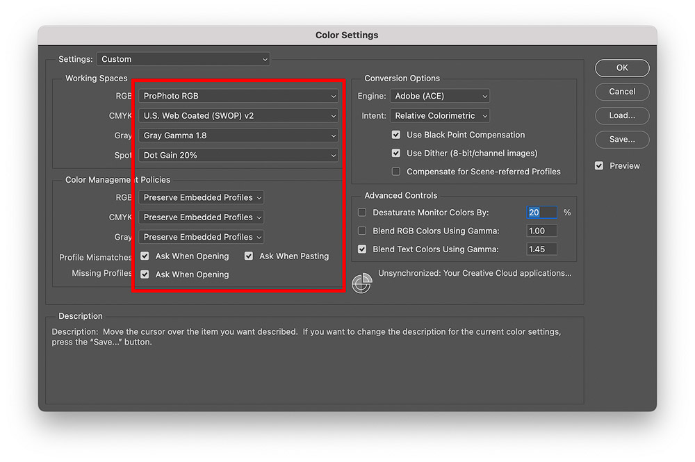 Photoshop Colour Settings